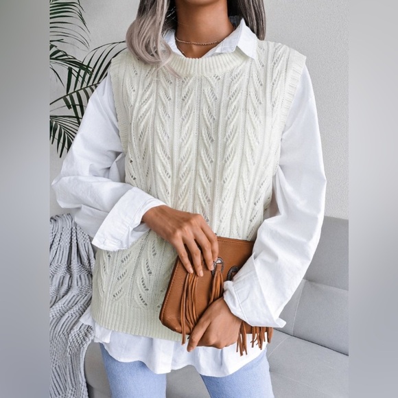 Round Neck Openwork Capped Sleeve Sweater Vest - Picture 1 of 9